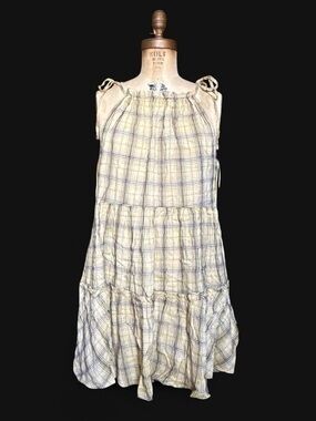 Light Plaid Tie-Shoulder Sundress - Yellow, Black & Blue